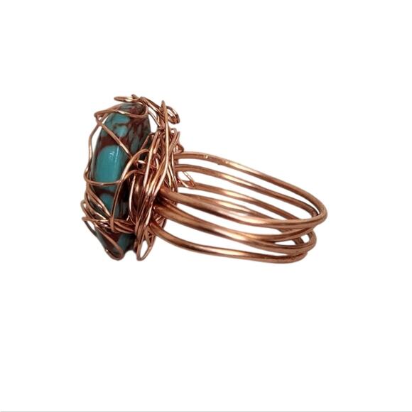 Handmade Copper Wire Wrapped Turquoise Stone Statement Ring - Picture 3 of 4